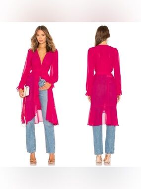 lpa hot pink ruffle duster belted sheer